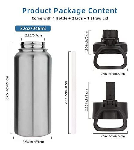 Volhoply Botella De Agua Aislada De 32 Oz Con Tapa De Pajita