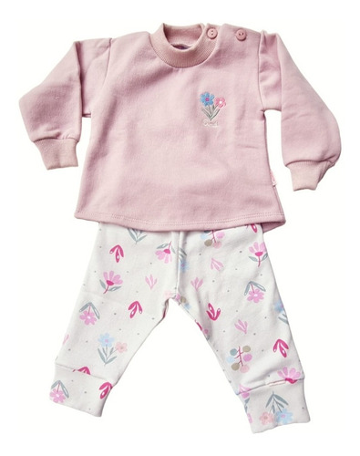 Conjunto Bebe Frisa Pant.estampado Buzo Liso Bord.flores