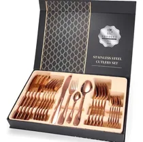 Comprar Juego de cubiertos de acero inoxidable, 24 piezas, juego de cubiertos de oro rosa