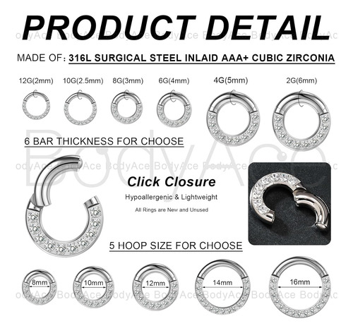 Bodyace Anillos Pa Con Segmento Con Bisagras Cz, 2g, 4g, 6g,
