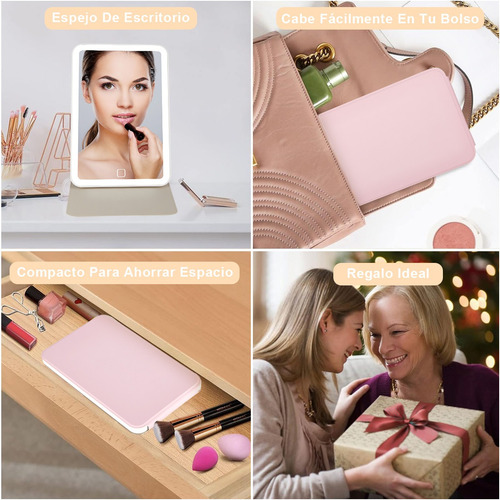 Espejo De Maquillaje Plegable Led De 3 Nivele Recargable Usb