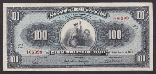 Billete Peru , 100 Soles De Oro , 1965