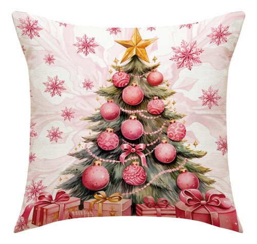 4 Fundas De Cojín De Lino De Papá Noel Rosa Navideño