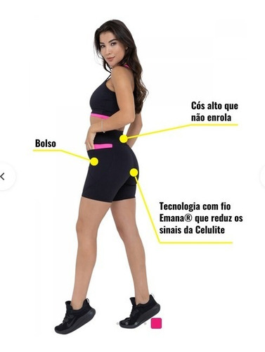 Shorts Basic Preto Com Rosa Fitnez® Com Emana E 2 Bolsos