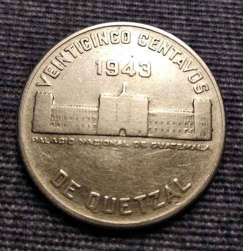 Moneda De Plata Extranjera, 25 Centavos 1943. Guatemala 