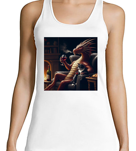 Musculosa Mujer Dragon Tomando Vino Gato Sillon Alas