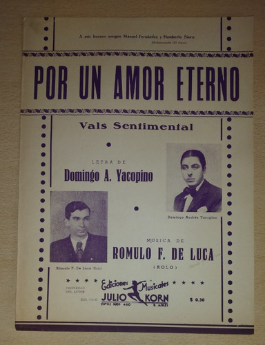 Partitura Por Un Amor Eterno Vals Sentimental D. A. Yacopino