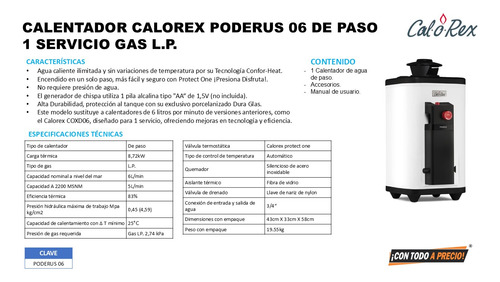 Calentador De Paso Calorex Poderus 06 Gas Lp 1 Serv Rap Recu
