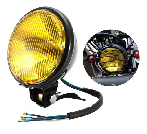 Universal Retro Preto Shell Amarelo Lente Farol Motocicleta