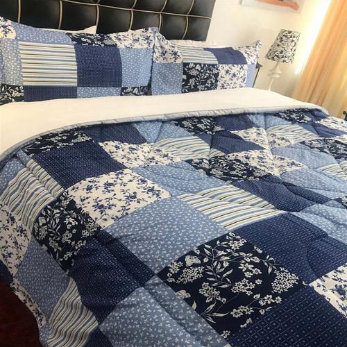 Imagen 2 de 4 de Plumón Queen Estampado +2 Fundas Cuadros Azul