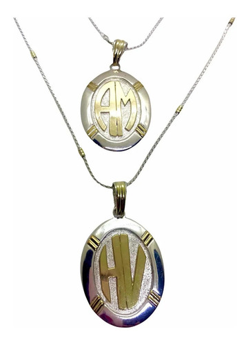 Imagen 3 de 6 de Cadena Con Medalla Oval De Plata Y Oro: 2 Iniciales
