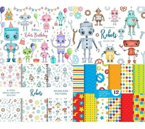 Kit Imprimible  Robots -  Imagenes  Fondos