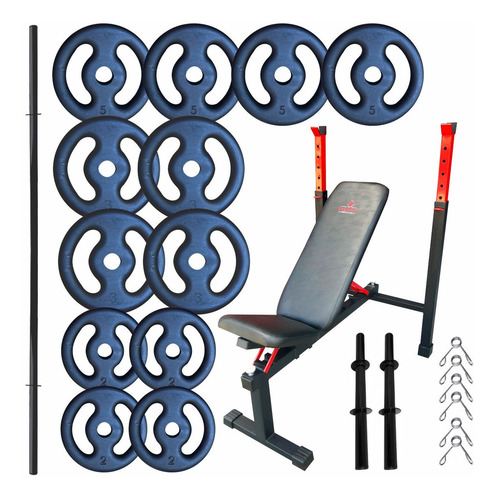 Kit Banco Supino +1 Barra+2 Halteres + 40kg Em Anilhas Ferro