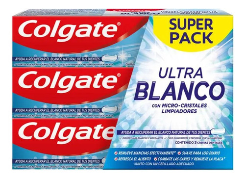 Pasta Dental Ultra Blanco con MicroCristales Limpiadores 3 Unidades De 90g Colgate
