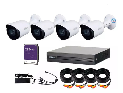 Kit 4 Cámaras 2mpx Dahua Micrófono Integrado Dvr 4 Disco 2tb Color Blanco