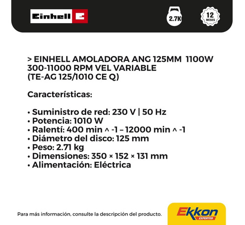 Imagen 2 de 8 de Amoladora Angular Einhell Vel Var 125 Mm 1100 Watts