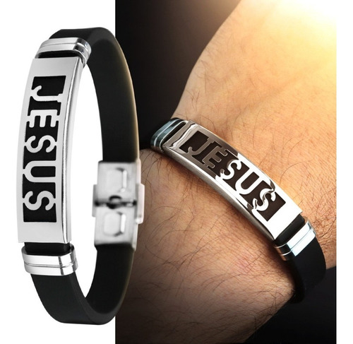 Pulseira Masculina Jesus Oraçao Aço Inox Prata Silicone Comprimento 21 Cm