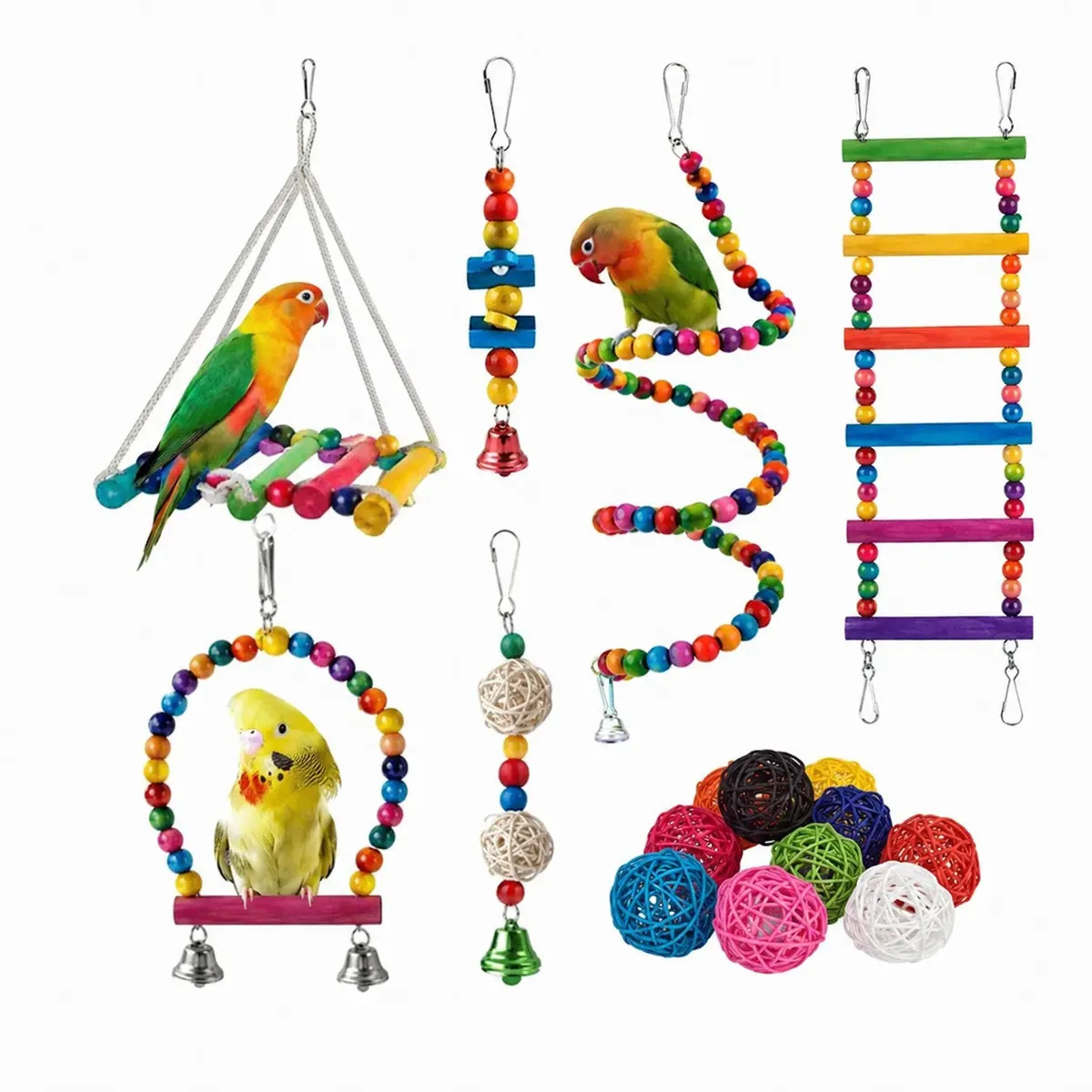 Kit de 16 Brinquedos para Aves de Madeira, Com Sinos e Balanço, Para Periquitos e Calopsitas