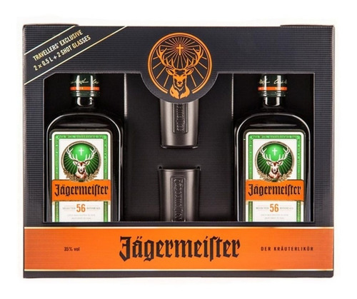 Imagen 1 de 6 de Jagermeister Twin Pack 2 Botellas 500ml + 2 Shots Estuche