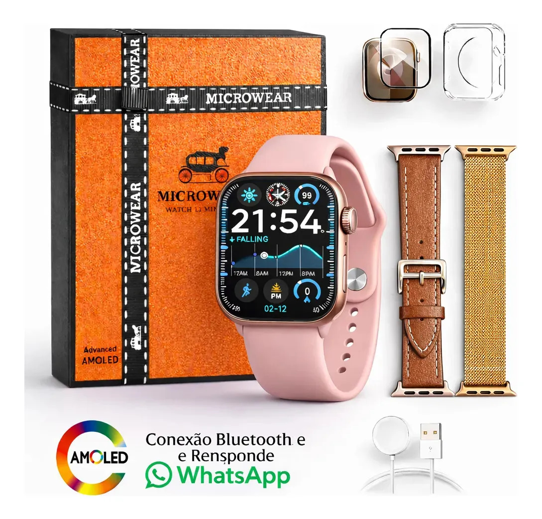 Smartwatch Microwear W11 PRO MINI série 11 W11 PRO MINI AMOLED tela de 1.85" com pulseira de silicone - cor rose gold