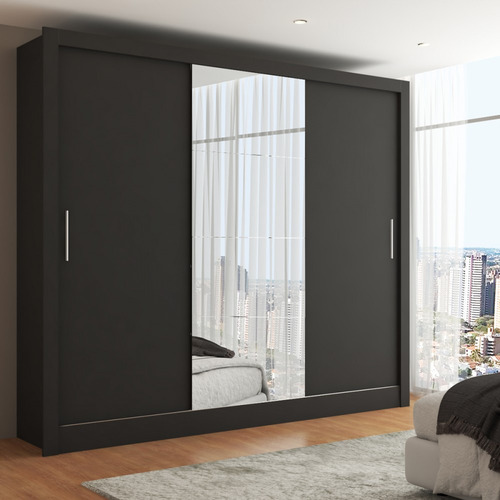 Guarda-roupa Casal Katherine Slim 3 Portas Com Espelho Cor Preto