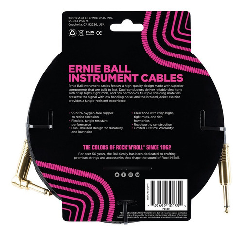 Imagen 2 de 2 de Ernie Ball Cable Para Instrumento P06081 3,05 Metros Negro