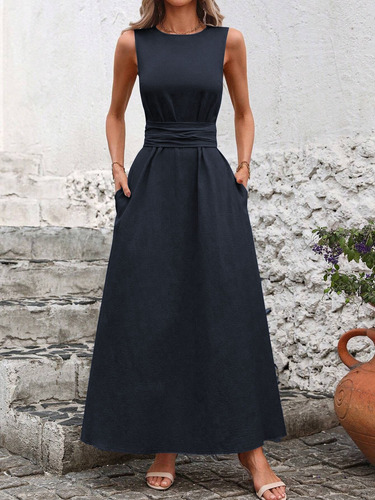 Vestidos De Primavera Casuales Sin Mangas Con Cuello Redondo