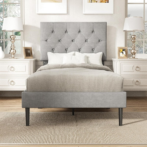 Base De Cama Individual Sismplly Tapizada Gris Claro