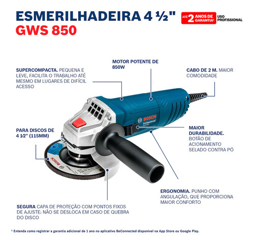 Esmerilhadeira 4 1/2 Pol 850w 127v 3 Discos E Maleta Bosch 06013775D3-000