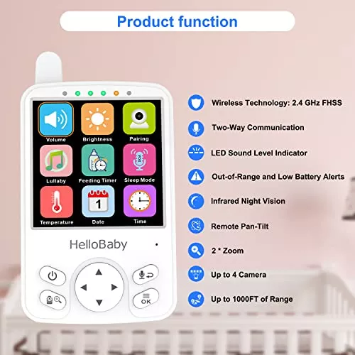 HelloBaby Monitor con cámara y audio, pantalla IPS LCD pantalla de video  monitor de bebé sin WiFi visión nocturna infrarroja, temprature, canción de