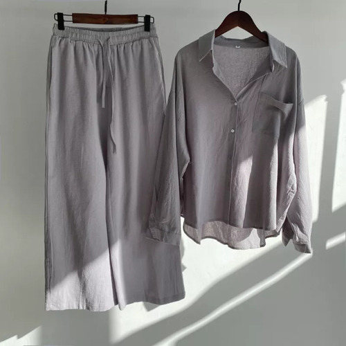 Conjunto De Camisa Y Pantalones De Algodón Y Lino Para Mujer
