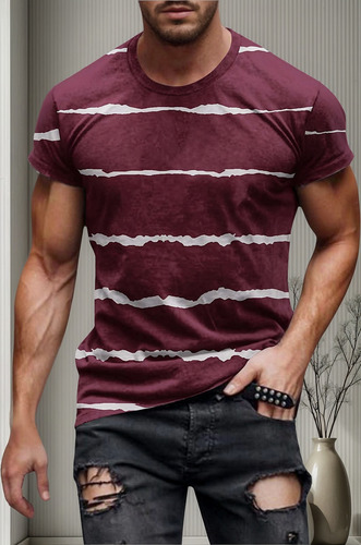 Camiseta Casual Con Cuello Redondo Y Estampado De Rayas Para