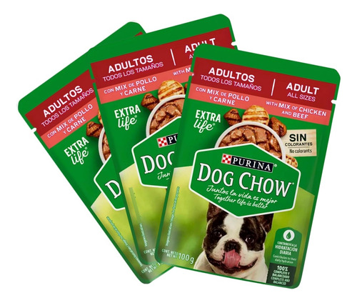 3 Sobres Purina Dog Chow Adulto Pollo Y Carne 100g C/u