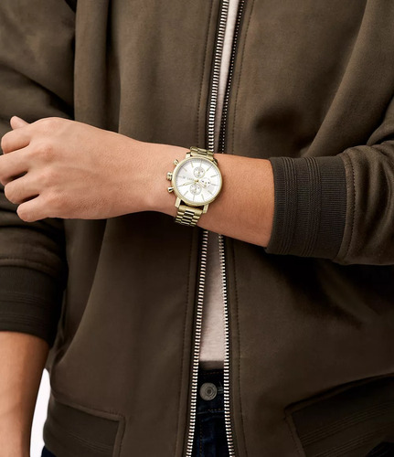 Fossil Rhett Reloj Para Hombre Correa Dorado Oscuro Bisel Dorado Oscuro Fondo Blanco
