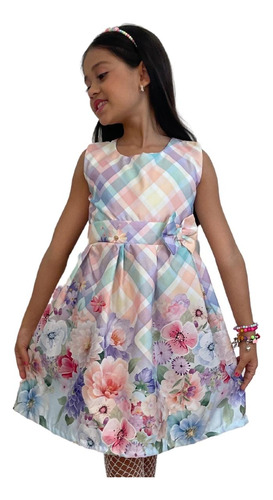 Vestido Infantil Floral Menina Xadrez Colorido Laço Casual