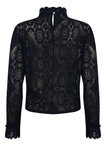 Blusa Transparente De Encaje Con Cuello Alto Y Manga Larga P