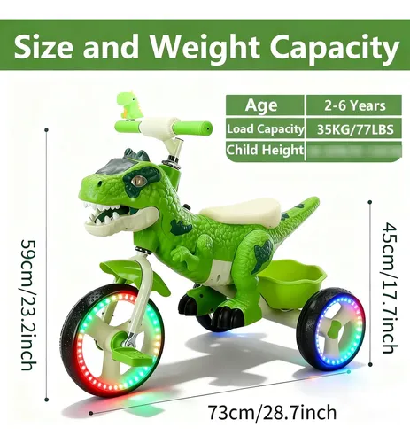 NMM Triciclo de Dinosaurio con Bocina y Cesta de Almacenamiento para Niños de 2, 3, 4, 5, 6 Años, con Música y Luces, Regalos de Cumpleaños y Navidad para Niños y Niñas