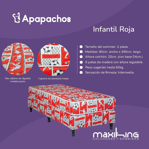Sommier Y Colchón Maxiking Una Plaza Infantil Rojo