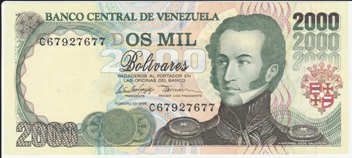 Billete Venezuela 2000 Bs Febrero 10 1998 C8 Au/unc