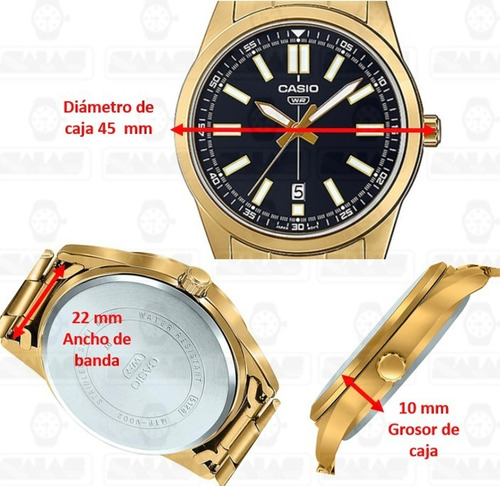 Reloj Casio Quartz Mtp-vd02g-1e Hombre Dorado Fechador Fondo Negro MTP-VD02G-1E