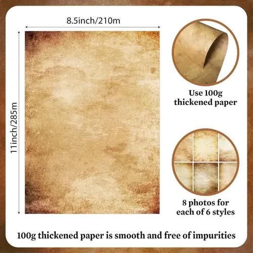 48 Sheets Vintage A4 Aged Parchment Paper - Antique, Ble-sid