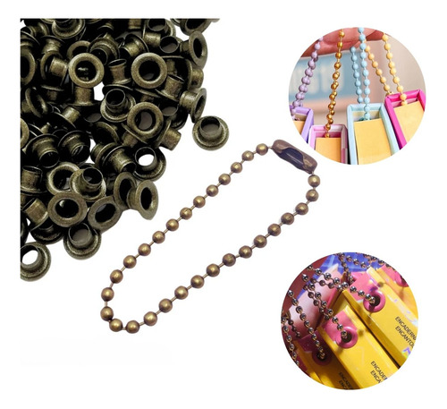 10 Corrente De Bolinha+100 Ilhós 54 Tag Chaveiro Ouro Velho