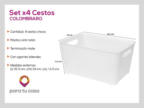 Imagen 5 de 11 de Cesto X4 Ratan Plástico Para Ropa Juguetes Chico Colombraro