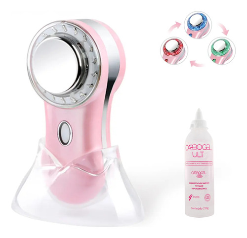 Aparelho Facial Multifunções Rf Íons Led Aquece E Vibra Rosa