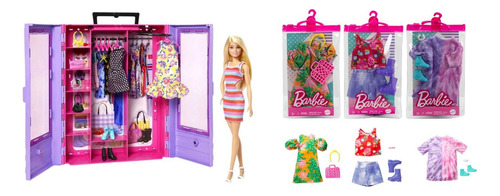 Barbie Closet Grande + 3 Conjuntos De Ropa C/zapatos Surtido