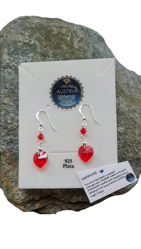 Aros Corazón Cristal Austria Rojo Siam Gancho Normal Plata