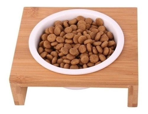 Imagen 2 de 7 de Comedero Sencillo Base En Madera Y Cerámica Para Gatos