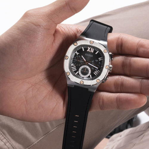 Reloj Guess Headline Gw0571g1 Hombre Multifunción Cuarzo Color De La Malla Negro Color Del Bisel Plateado Color Del Fondo Negro