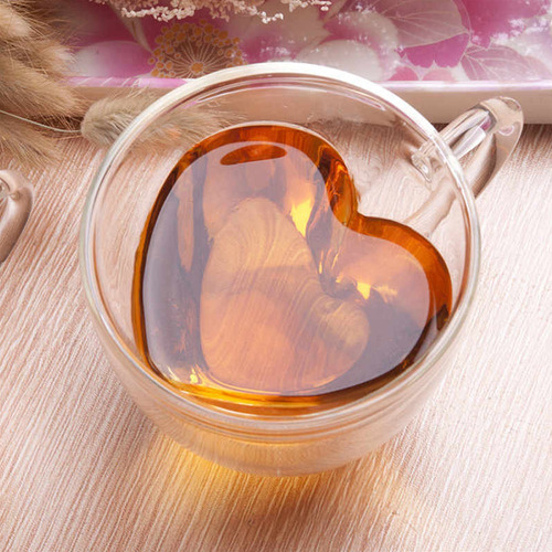 Jogo 2 Xícaras Parede Dupla Coração Vidro 230ml Café Chá
