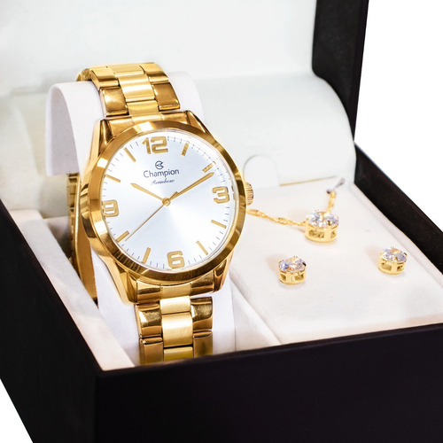 Imagem 3 de 8 de Relógio Champion Feminino Dourado Kit Colar Brincos Original